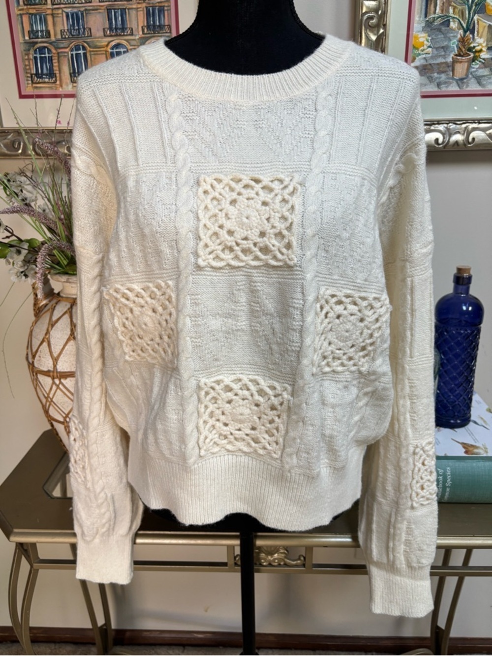 GILLI Cream Cable-Knit Patchwork Cottagecore Crochet Crewneck Sweater Size Large